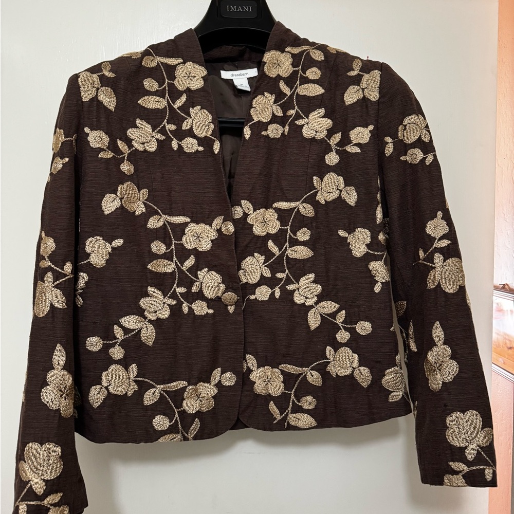 Dressbarn Women's M 100% Silk Shell Floral Embroidered Blazer - Brown and Cream